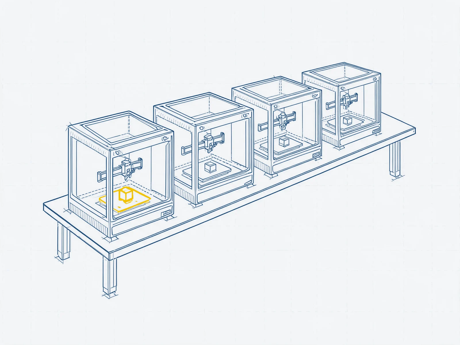 Zeichnung: vier 3D-Drucker auf einer Werkbank