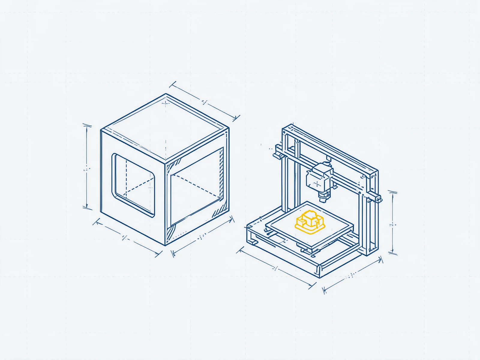 Zeichnung: SLS-Anlage und FDM-Drucker nebeneinander