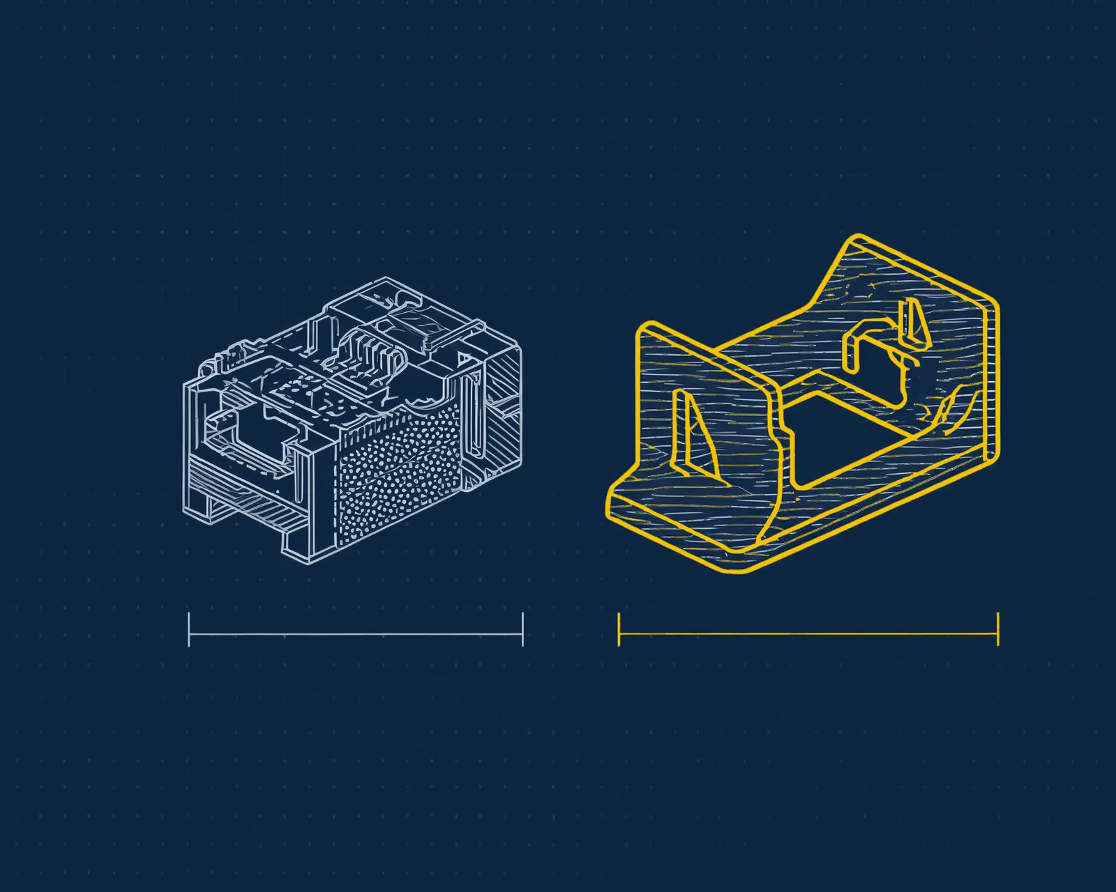 Zeichnung: Bauteil aus dem SLS-Verfahren neben einem Bauteil aus dem FDM-Verfahren