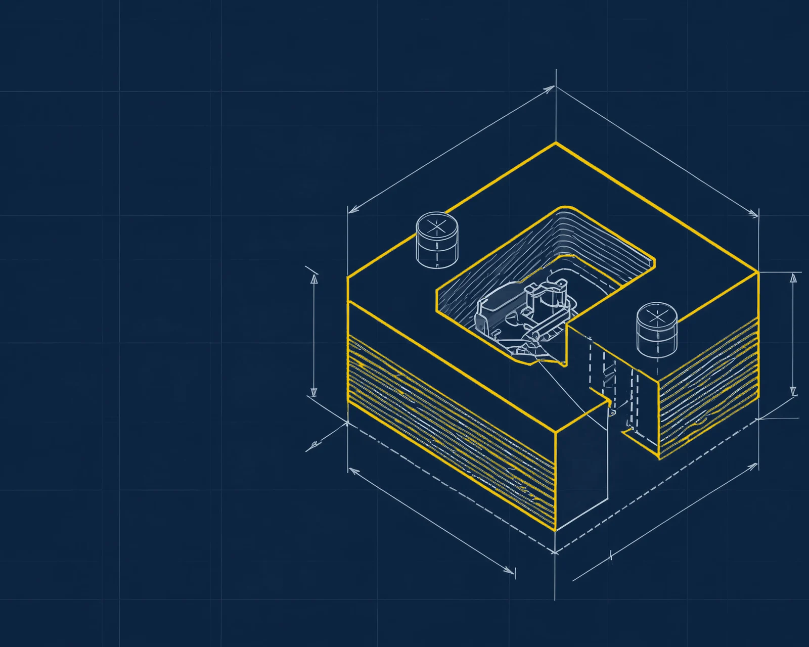 Zeichnung: Werkstückaufnahme aus dem 3D-Drucker mit eingelegtem Bauteil